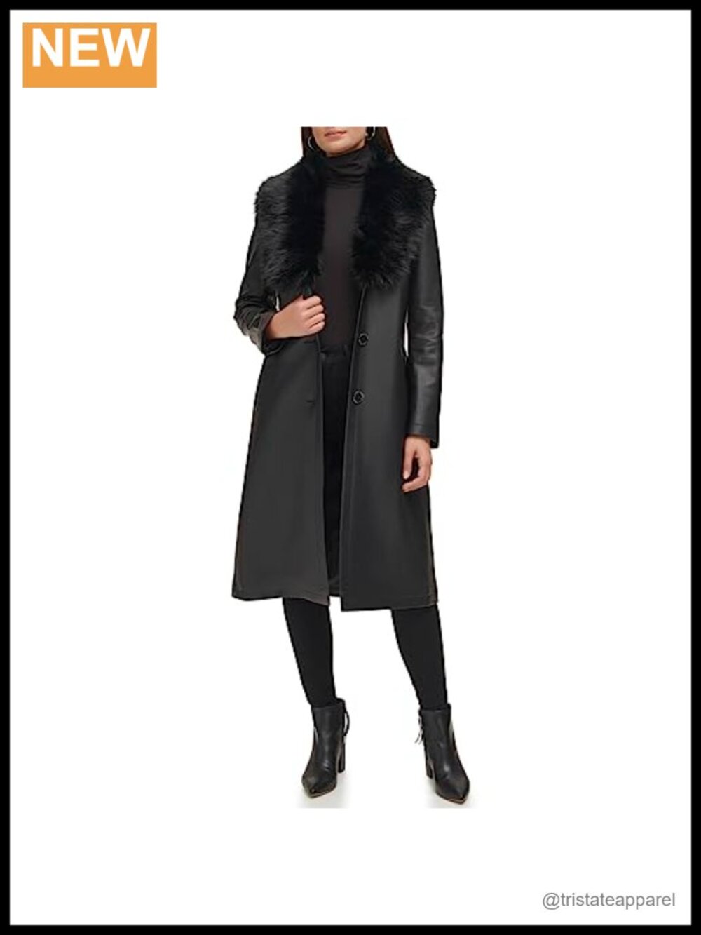 Faux Leather & Faux Fur Belted Trench Coat Long Faux Fur Shawl Collar